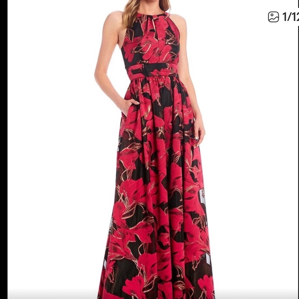 Calvin Klein Sleeveless Halter Hibiscus Floral Formal Pink & Black Maxi Gown,14